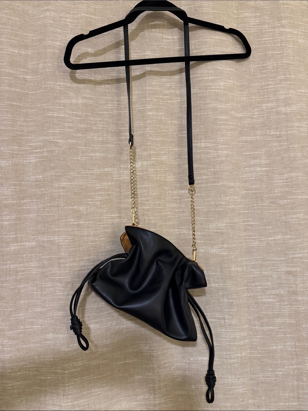 a new day Black Mini Drawstring Pouch with Gold Chain Strap
